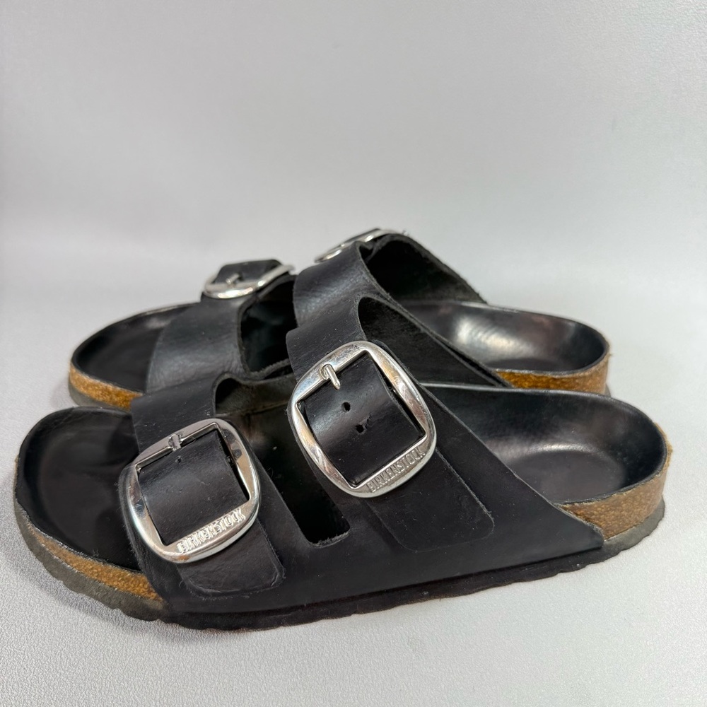 Birkenstock Arizona Black Leather Big Buckle Slide Sandals - Picture 3 of 14